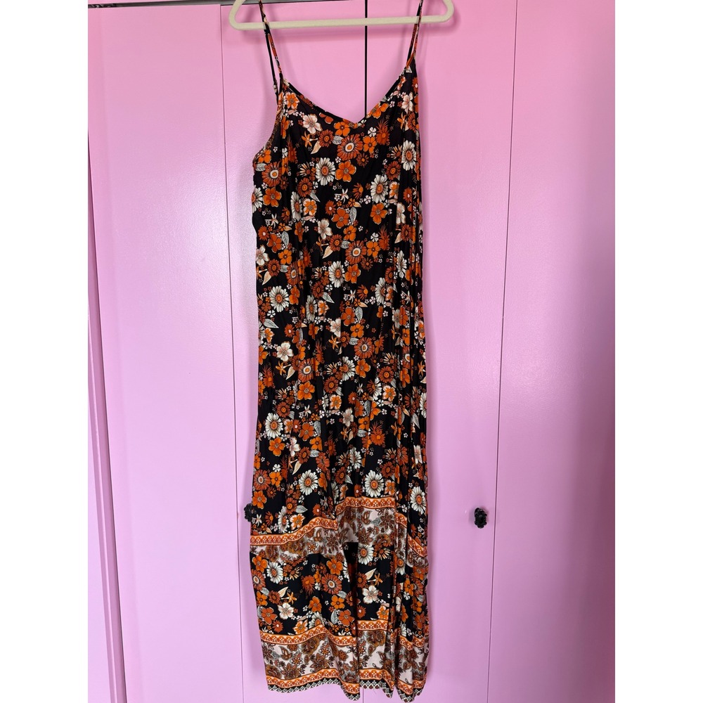 SHEIN Curve Floral Maxi Dress Orange Black Boho Sleeveless 2XL Viscose Sun Dress